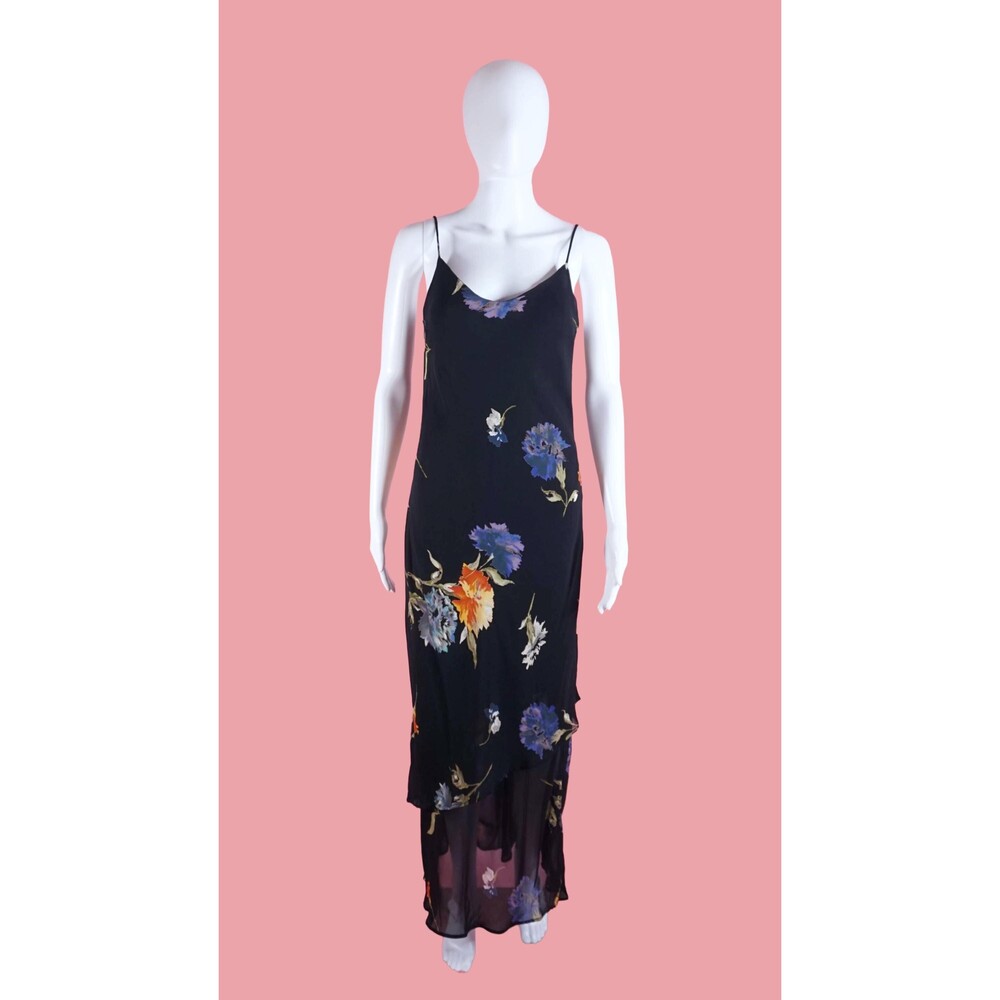 1990s-Y2K LAPIS Semi Sheer Tiered Ruffle Floral Sleeveless Maxi Slip Dress. SM